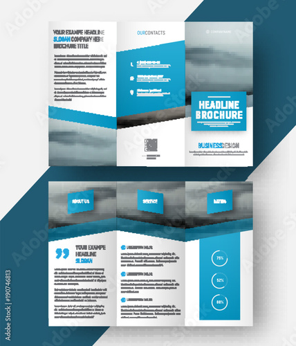 Design a tri-fold brochure with a place for the photo, diagonal elements and a floating rectangle for the title.