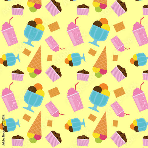 Delicious desserts seamless pattern. Sweet ice cream, muffin and milkshake. Colorful illustration