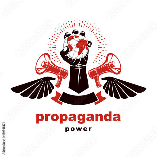 Raised arm holds Earth globe, winged vector logo composed using loudspeakers. Propaganda as the method of global ideology imposing, dissemination of information.