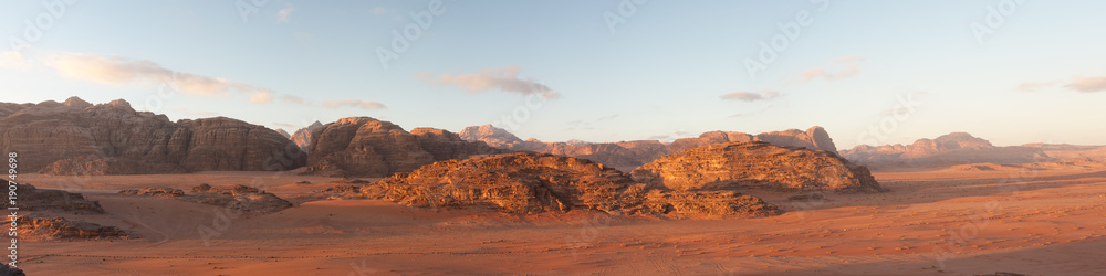 panoramic view of wadi rum desert at sunrise