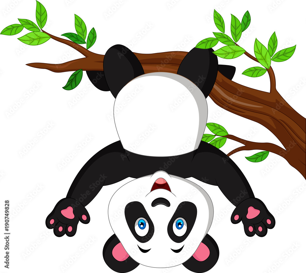 Naklejka premium Cartoon panda hanging on tree branch