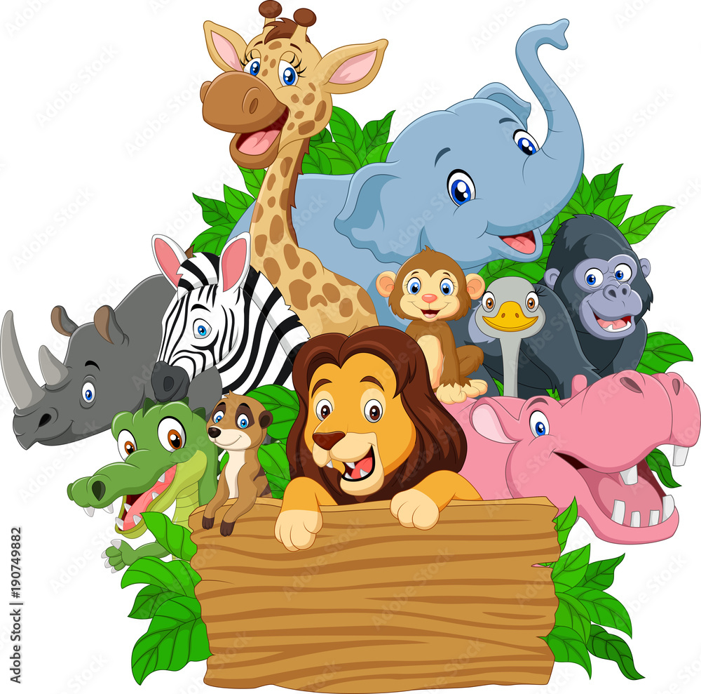 Naklejka premium Cartoon wild animal with blank signboard