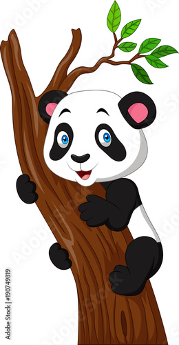 Fototapeta Naklejka Na Ścianę i Meble -  Cartoon panda climbing a tree