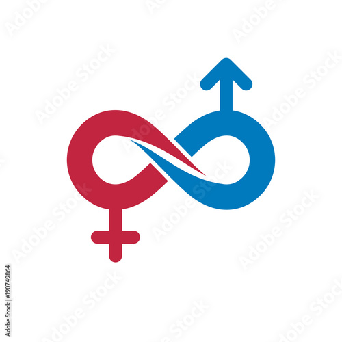 Eternal Couple conceptual logo, vector symbol created with infinity sign and male Mars an female Venus signs. Relationship idea.