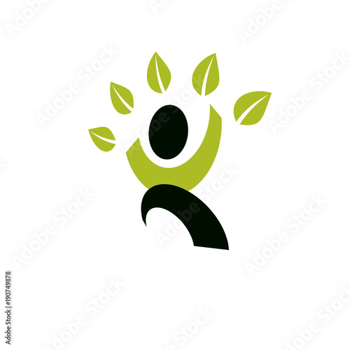 Vector illustration of joyful abstract individual with raised hands up. Go green idea creative logo. Vegetarian theme icon. Wellness and harmony symbol.