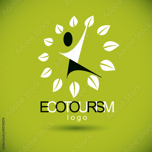 Vector illustration of happy abstract human with reaching up. Ecotourism conceptual logo. Environmental conservation theme symbol.