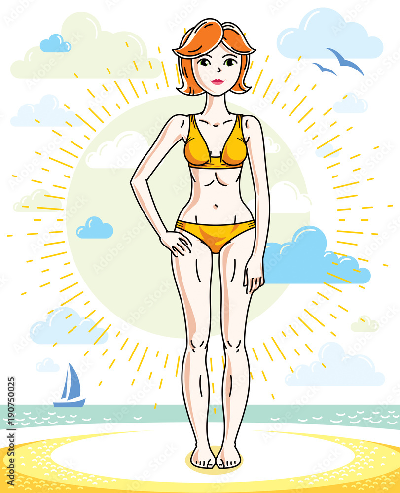 Happy pretty young red-haired woman standing on tropical beach and wearing swimming suit. Vector character. Summer holidays theme.