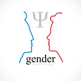 Gender psychology concept created with man and woman heads profiles, vector logo or symbol of relationship problems and conflicts in family, close relations and society. Classic style simple design.
