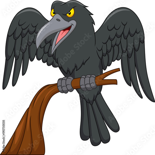 Cartoon raven on a tree branch isolated on white background