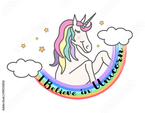I believe in unicorn. Vector cute illustration with unicorn and rainbow