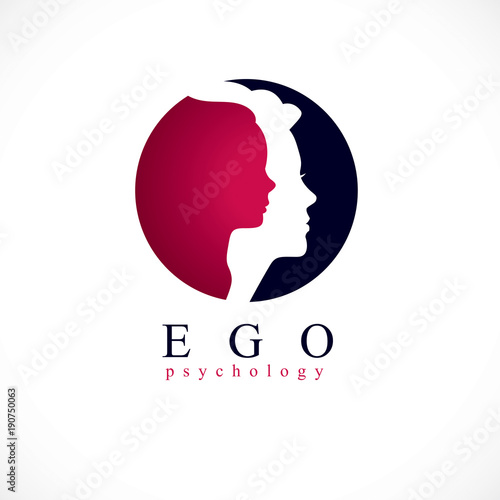 Psychology vector logo created with woman head profile and little child girl inside, inner child concept, origin of human individuality and psychic problems. Psychotherapy and psychoanalysis concept.