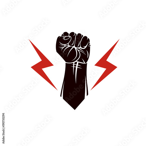 Vector illustration composed using strong muscular raised clenched fist made with lightning symbol. Power and authority concept.