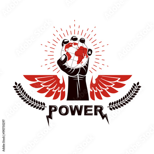 Raised arm holds Earth globe, vector logo. Propaganda as the method of global ideology imposing, dissemination of information.