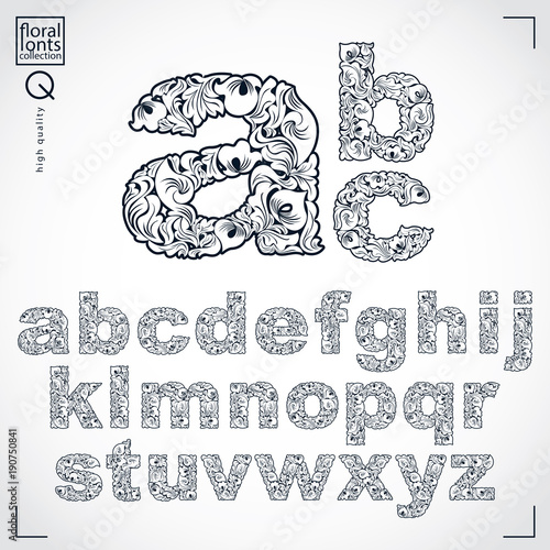 Ecology style flowery font, vector typeset made using natural ornament. Monochrome alphabet lowercase letters created with spring leaves and floral design.