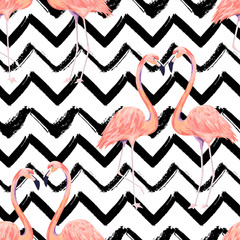 Papier peint photo Chevron patrons Flamants roses exotiques chevrons rayés  © natikka
