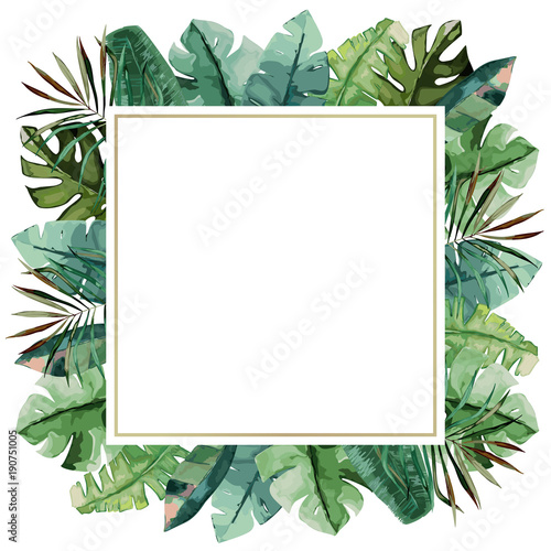 Watercolor frame with tropical palm leaves. Vector illustration