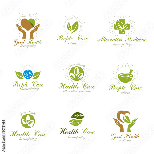 Living in harmony with nature metaphor, set of green health idea logos. Wellness center abstract modern emblems.