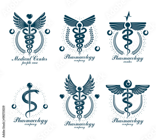 Set of vector Caduceus logotypes can be used in cardiology, rehabilitation and as medical clinic emblems.