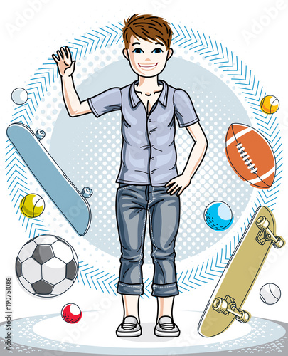 Little boy cute child standing in stylish casual clothes. Vector human illustration. Fashion and lifestyle theme cartoon.