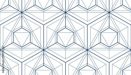 Geometric cubes abstract seamless pattern, 3d vector background. Technology style engineering line drawing endless illustration. Single color, black and white.