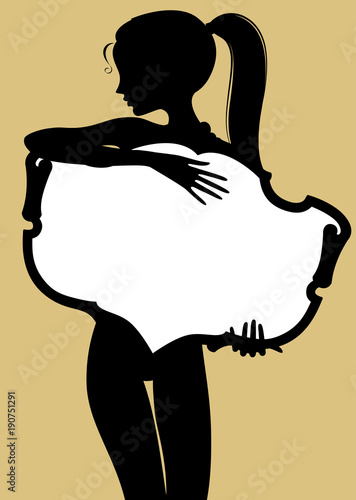 Black silhouette of fine naked girl holding a vintage banner