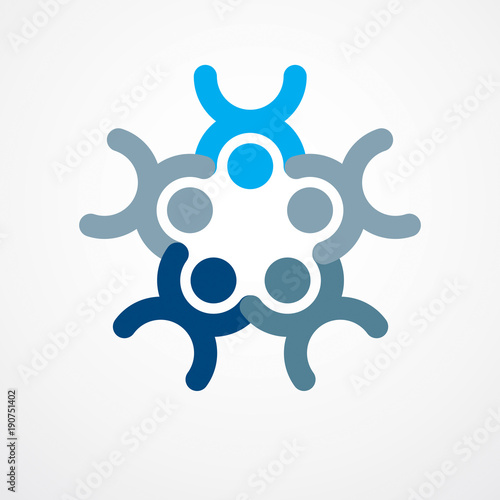 Teamwork businessman unity and cooperation concept created with simple geometric elements as a people crew. Vector icon or logo. Friendship dream team, united crew blue design.