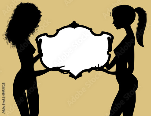 Black silhouette of two fine naked girls holding a vintage framed banner