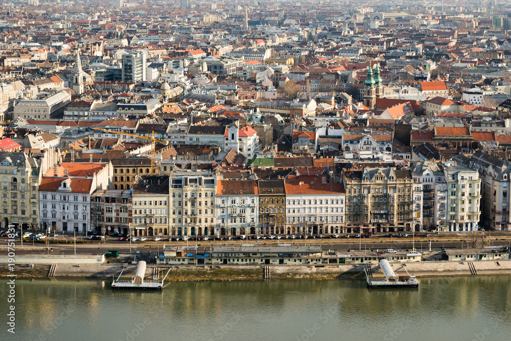Danube river banks and Budapest cityscape as seen from Gellert Hill in Budapest, Hungary.