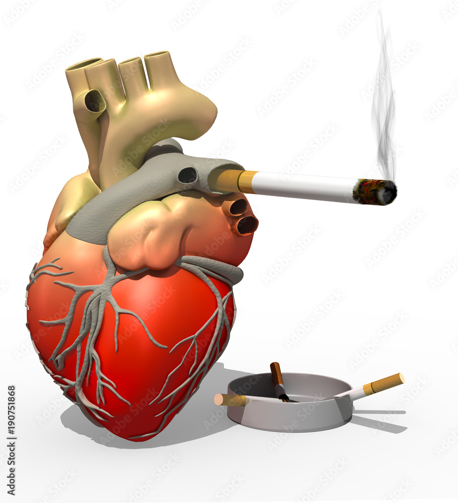 Krankes Herz mit brennender Zigarette und Aschenbecher, freigestellt