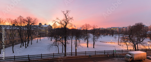 Yusupov garden and the building of the railway museum in the winter season at sunrise