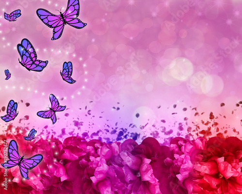 Butterfly patterned beautiful abstract background with flowers  bokeh and sparkles.