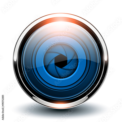 Glossy button blue with camera shutter inside, vector 3D metallic icon.