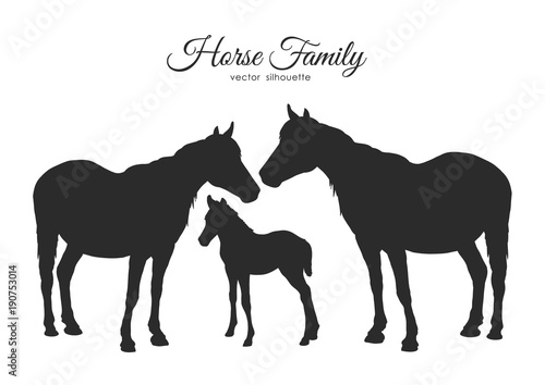 Silhouette of horses family isolated on white background.