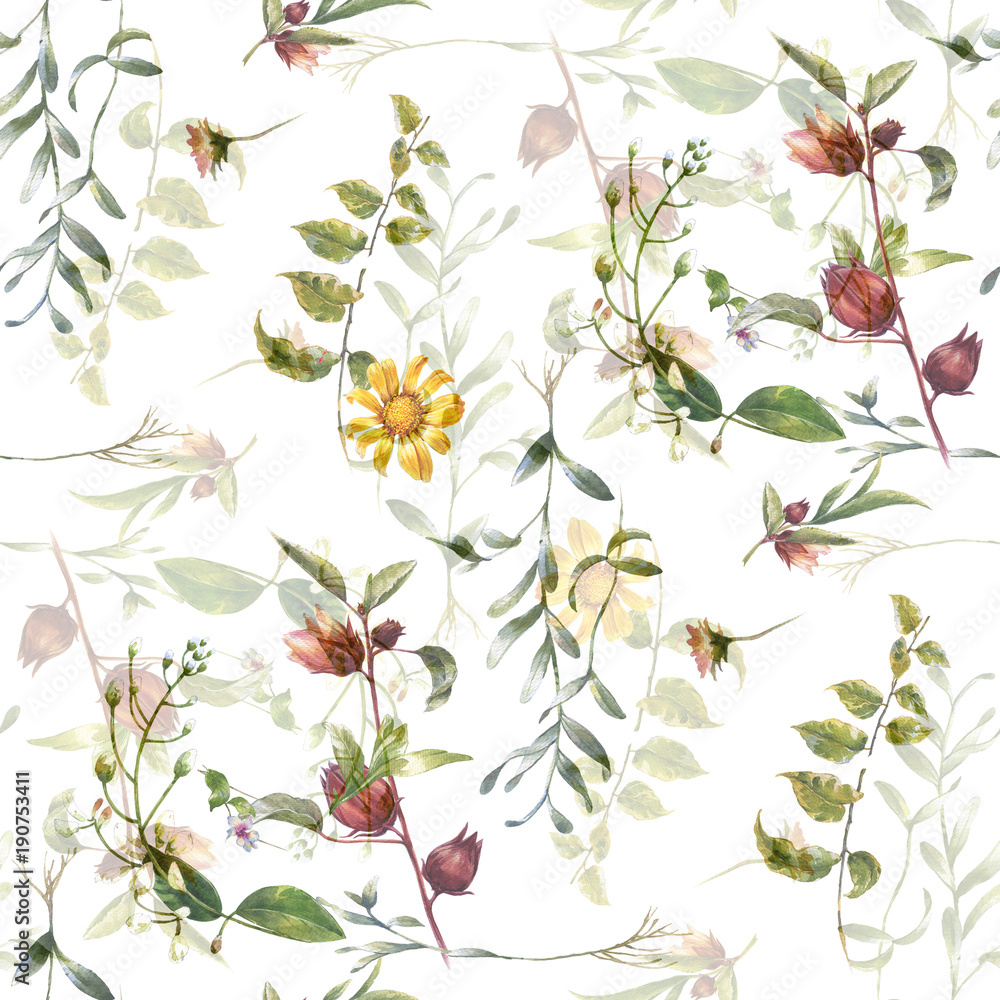 Watercolor painting of leaf and flowers, seamless pattern on white background