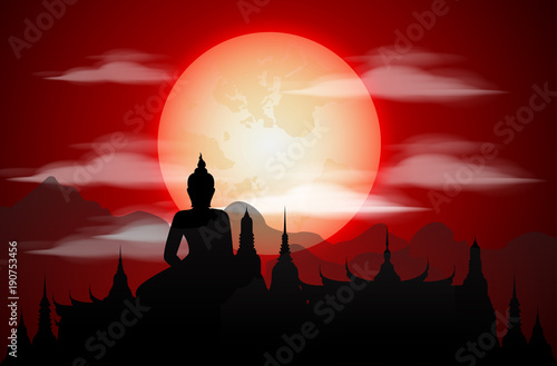 Temple Thailand Landmarks and Silhouette, blood moon, Travel Attraction and Background