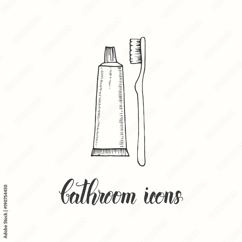 Vintage hand drawn  toothbrush and toothpaste in a sketch style. Hand made lettering. Vector objects from the bathroom. 