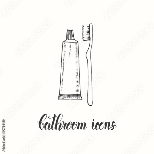 Vintage hand drawn  toothbrush and toothpaste in a sketch style. Hand made lettering. Vector objects from the bathroom. 