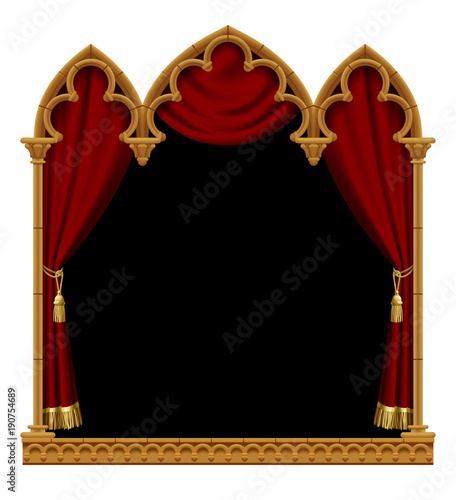 Classic gothic architectural decorative frame with red curtain on black