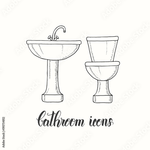 Vintage hand drawn washbasin and toilet bowl in a sketch style. Hand made lettering. Vector objects from the bathroom. 