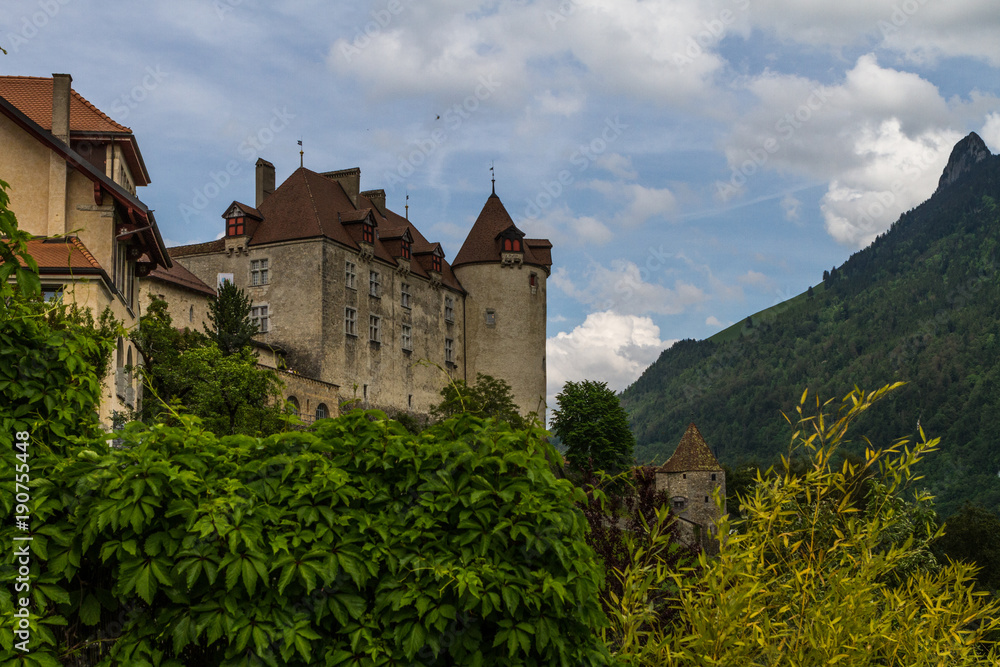 Gruyeres, Switzerland - June 10, 2016: Idyllic Medieval the small Castle Swiss Village Gruyeres, Switzerland