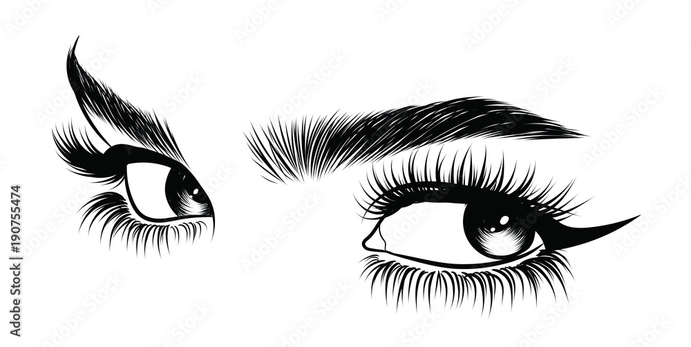 Hand-drawn woman's sexy makeup look with perfectly perfectly shaped eyebrows and extra full lashes. Idea for business visit card, typography vector. Perfect salon look