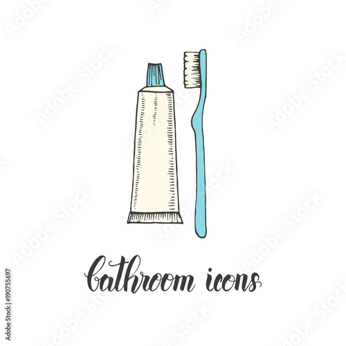 Vintage hand drawn  toothbrush and toothpaste in a sketch style. Hand made lettering. Vector objects from the bathroom. 