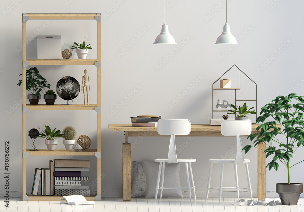 Fototapeta premium Modern interior in the style scandinavian, a place for study. 3D illustration. Wall mock up
