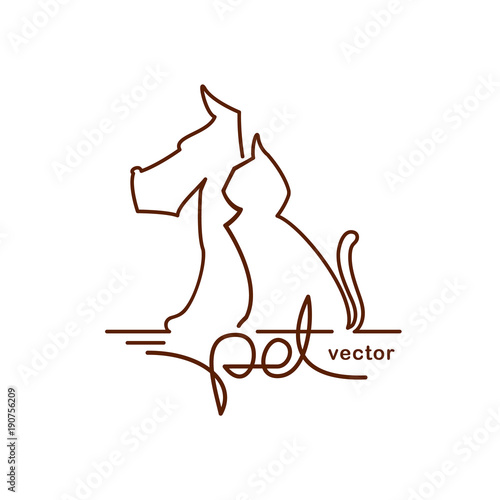 Logo design template for pet shop, veterinary clinic. Line style. Cat and dog with line hand lettering
