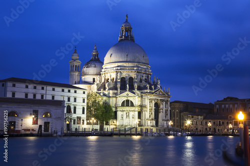 A view of the Cathedral Santa Maria della Salute in Venice at night, Italy