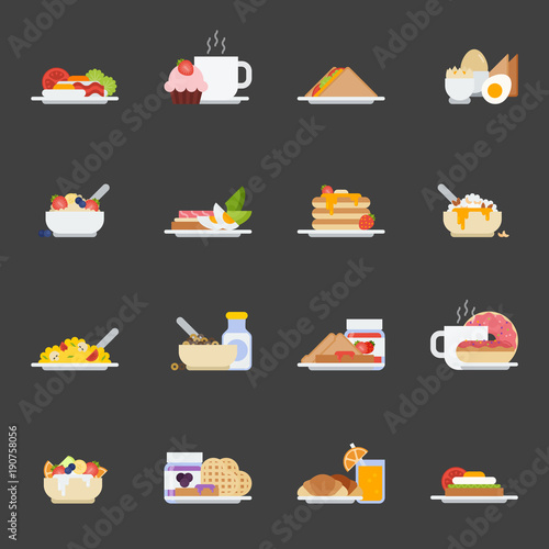 Set of breakfast icons in flat style