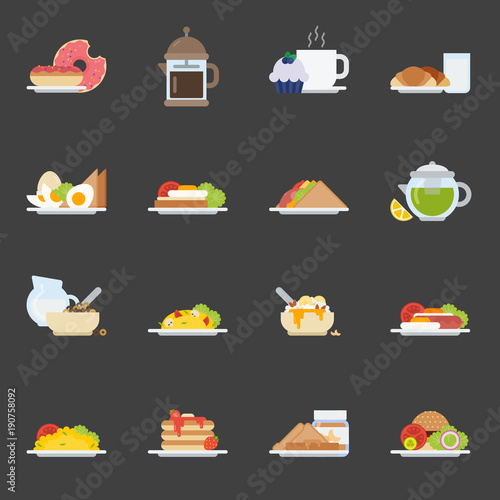 Set of breakfast icons in flat style