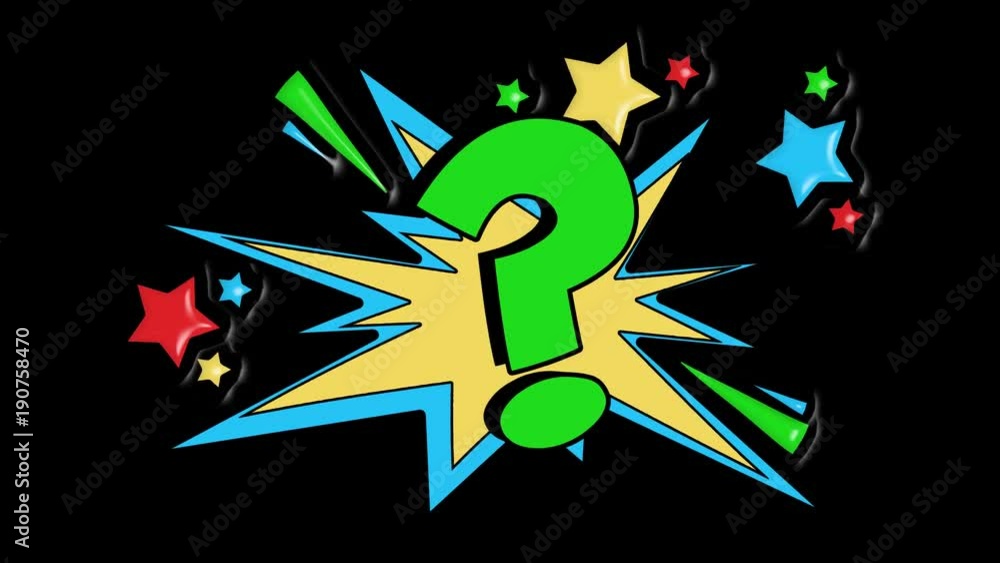 Comic strip speech bubble cartoon animation, with the question mark. Green text, yellow shape, alpha channel