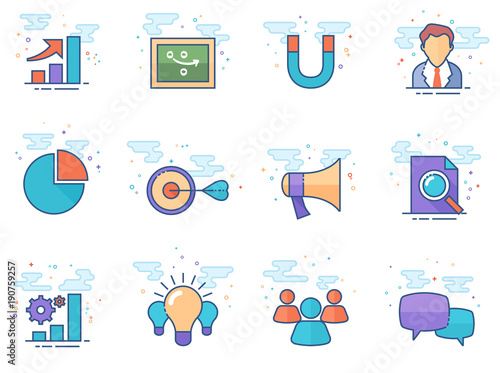 Marketing icons in flat color style. Vector illustration.