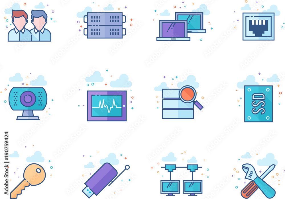 Fototapeta premium Computer network icon series in flat color style. Vector illustration.
